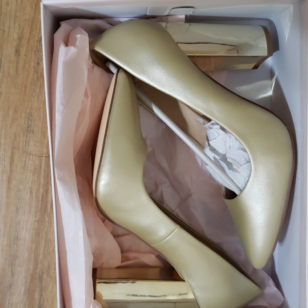 Nude block heel mirror white gold heels